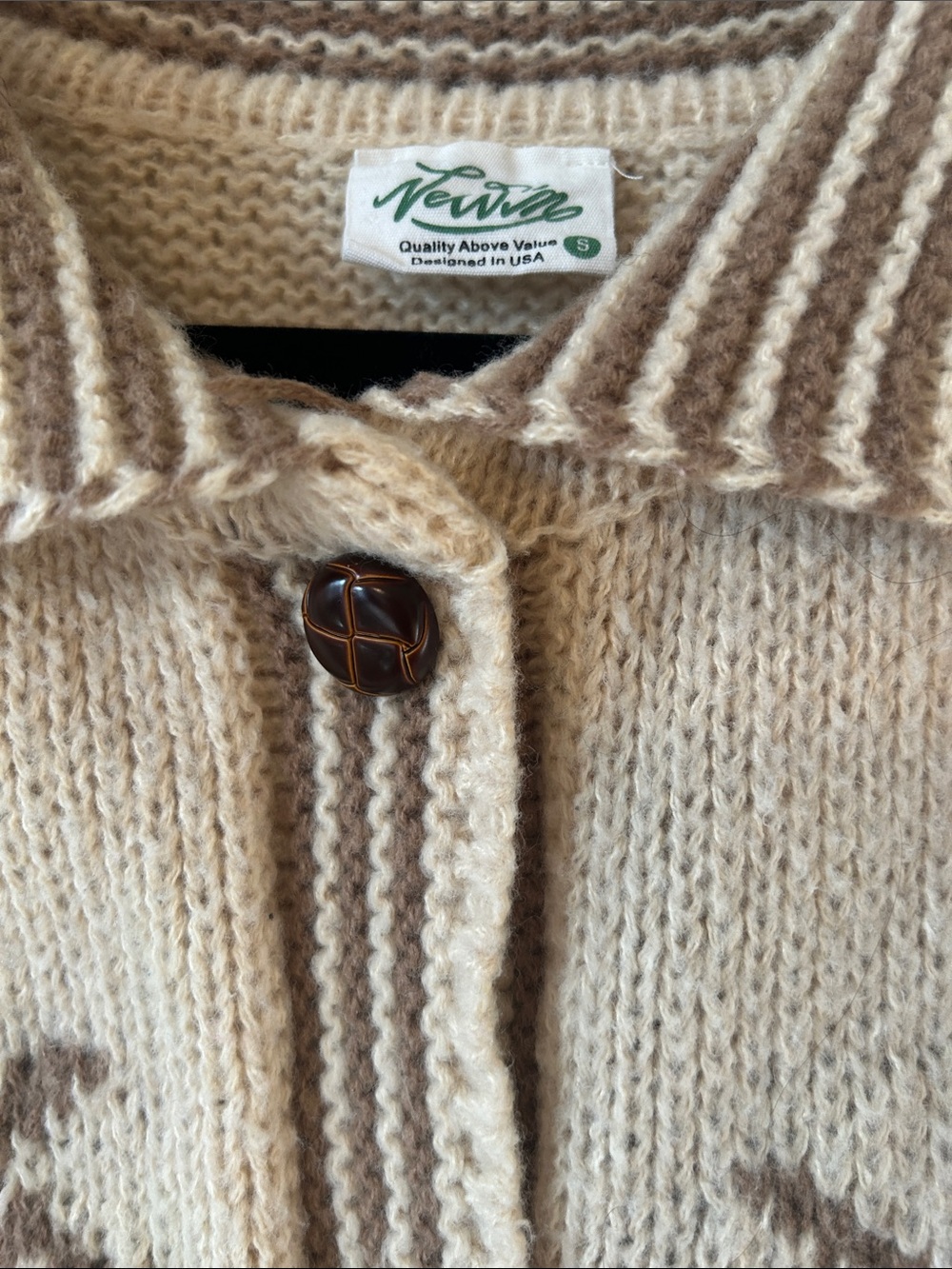 Vintage-Inspired Cream & Taupe Knit Button-Front Sweater - Picture 7 of 7